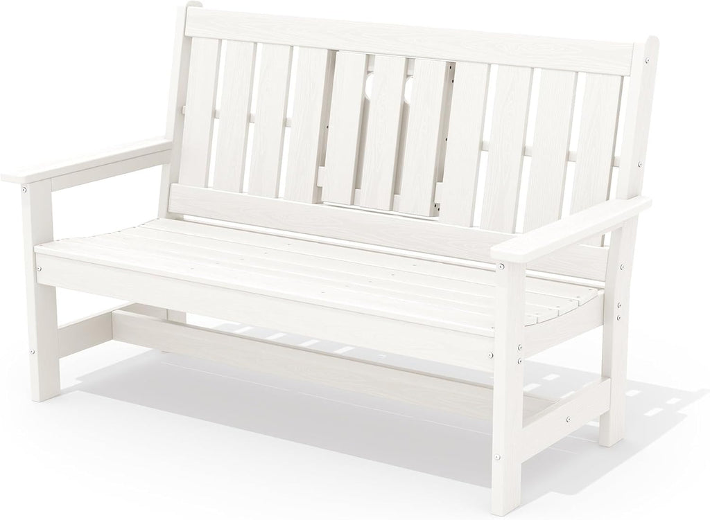 SERWALL Outdoor Bench with Cup Holder, Oversized 58" HDPE Porch Bench Suitable for 3 Person, All Weather Patio Benches with High Backrest for Garden, Park, Yard, Front Porch, White