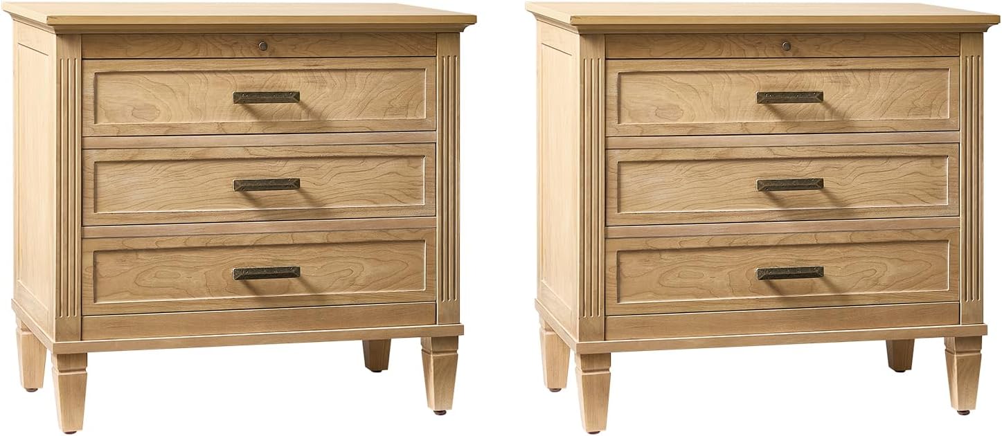 HULALA HOME Farmhouse End Table with Charging Station, Pull-Out Tray, 3 Drawers End Table with Solid Wood Legs, Wood Veneer Side Table with Open Shelf Set of 2, Natural