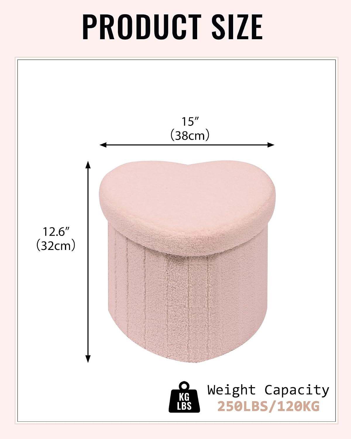 Heart Shaped Ottoman with Storage, Cute Pink Boucle Footstool with Storage, Small Sherpa Footrest Ottoman for Bedroom, Living Room,15"x15"x12.6"