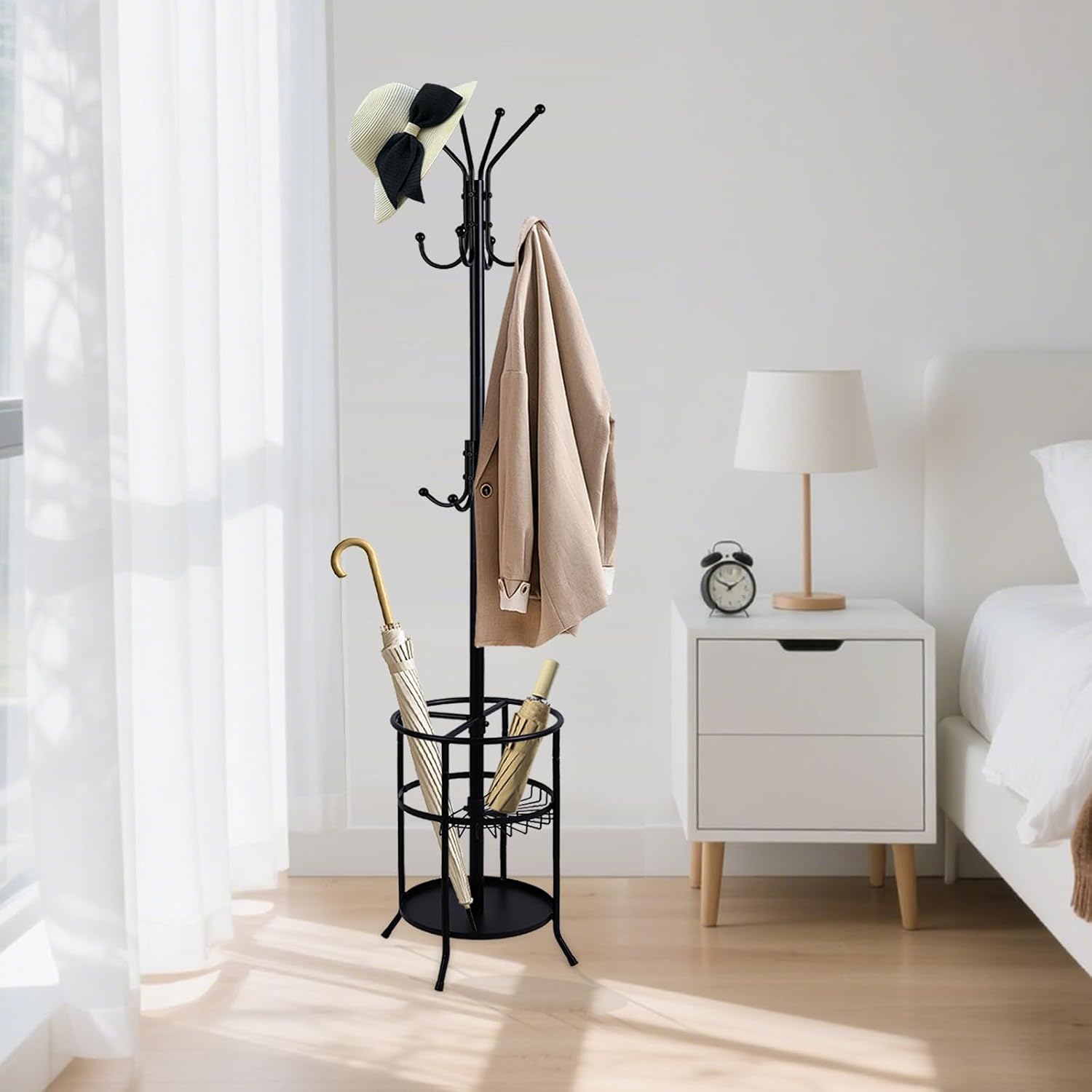 Freestanding Coat Rack with Umbrella Holder,Metal Coat Tree with 12 Hooks for Hanging Coat,Hats,Bag, Black Modern Coat Rack Stand Umbrella Stand for Entryway, Living Room, Bedroom, Office