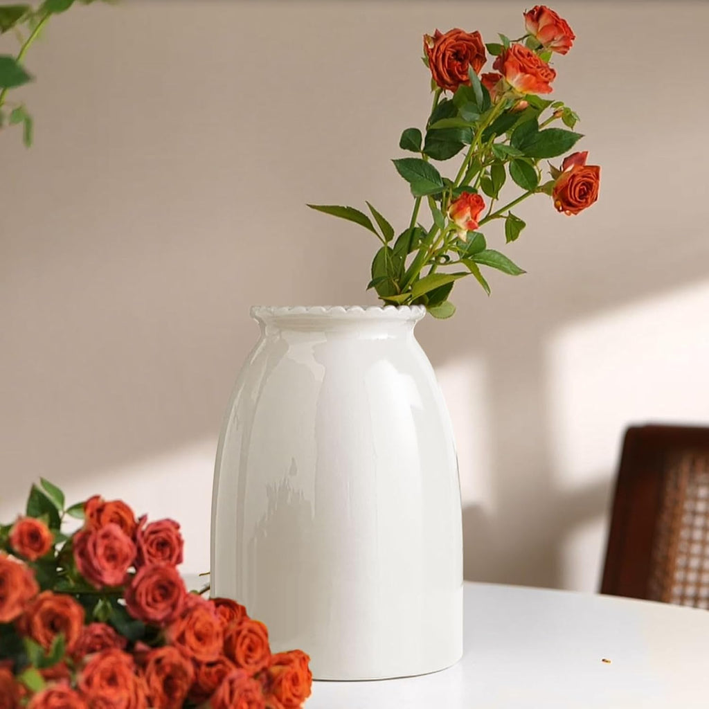 White Ceramic Vase Modern Minimalist Table Centerpiece, Round Smooth Flower Holder for Living Room, Shelf, Mantel, Wedding & Home Decor-8.27" H