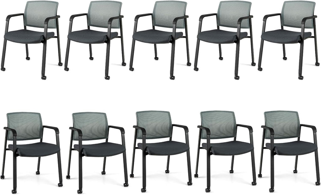 Giantex 10-Pack Waiting Room Chair Set, Rolling Office Desk Chairs with PU Wheels, Armrests, Stackable Guest Chair for Office, School, Lobby,Reception, Conference, Grey