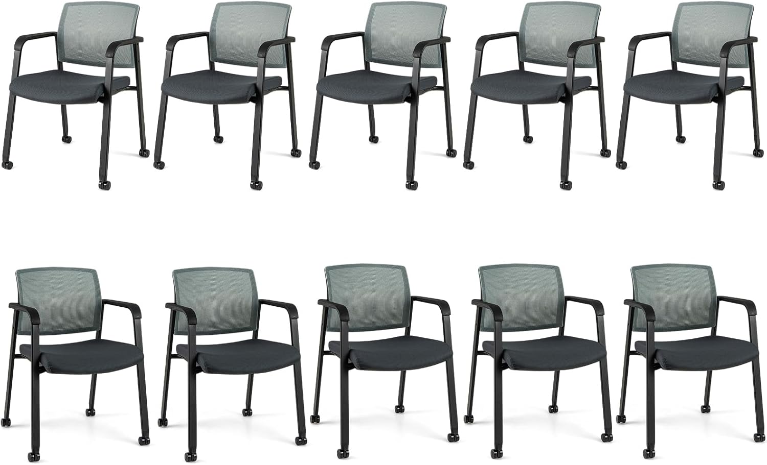 Giantex 10-Pack Waiting Room Chair Set, Rolling Office Desk Chairs with PU Wheels, Armrests, Stackable Guest Chair for Office, School, Lobby,Reception, Conference, Grey