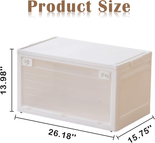 101QT Plastic Stackable Storage Bins, 4 Pack Collapsible Plastic Storage Bins with Lid, Doors & Wheels, for Closet Bedroom, White