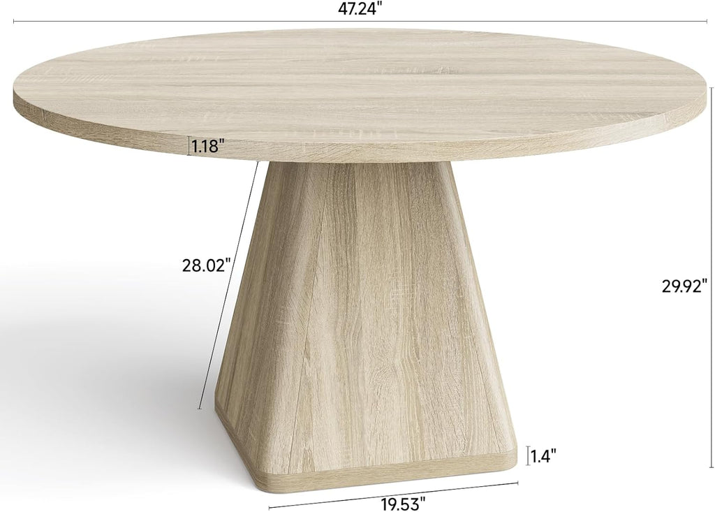 47 Inch Round Dining Table for 4-6, Circle Kitchen Table with Thickened Tabletop, Modern Dining Room Tables with Square Pedestal Base, Dinner Tables for Kitchen Small Space, Oak (Table Only)