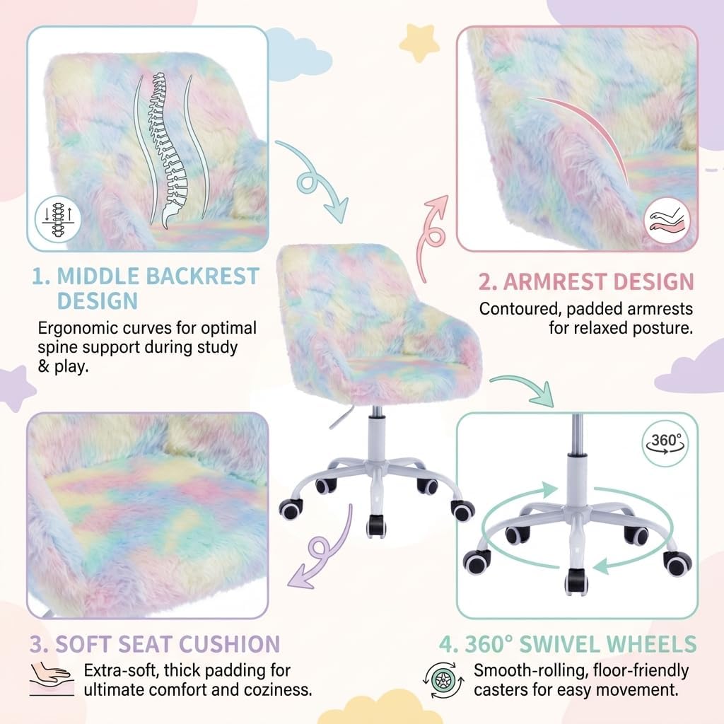 Ya-Home Kids Desk Chair Faux Fur Upholstered Swivel Reading Chair, Cute Adjustable Study Chair with White Wheels for Reading Room Bedroom, Rainbow Color