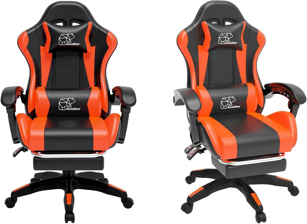 Ergonomic Gaming Chair with Footrest for Adults, Reclining High-Back Computer Chair with Lumbar Support & Headrest, PU Leather Height Adjustable Gaming Chair with Linked Armrests, Orange Black