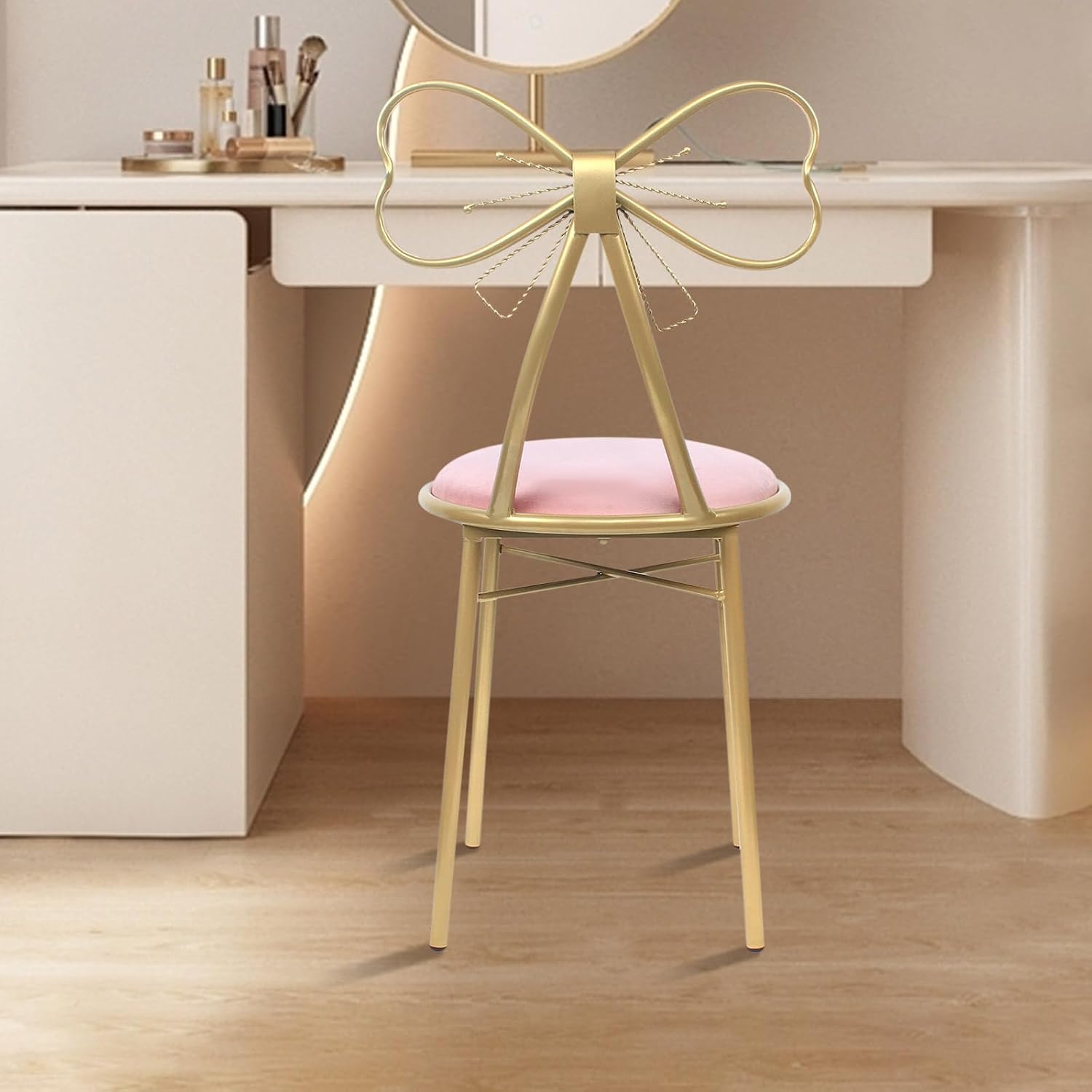 Velvet Vanity Chairs, Metal Cute Butterfly Stool Chair Dresser Makeup Chairs Stool with Pink Velvet Cushion and Bow Knot Backrest for Girl Bedroom, Living Room (Light Pink)