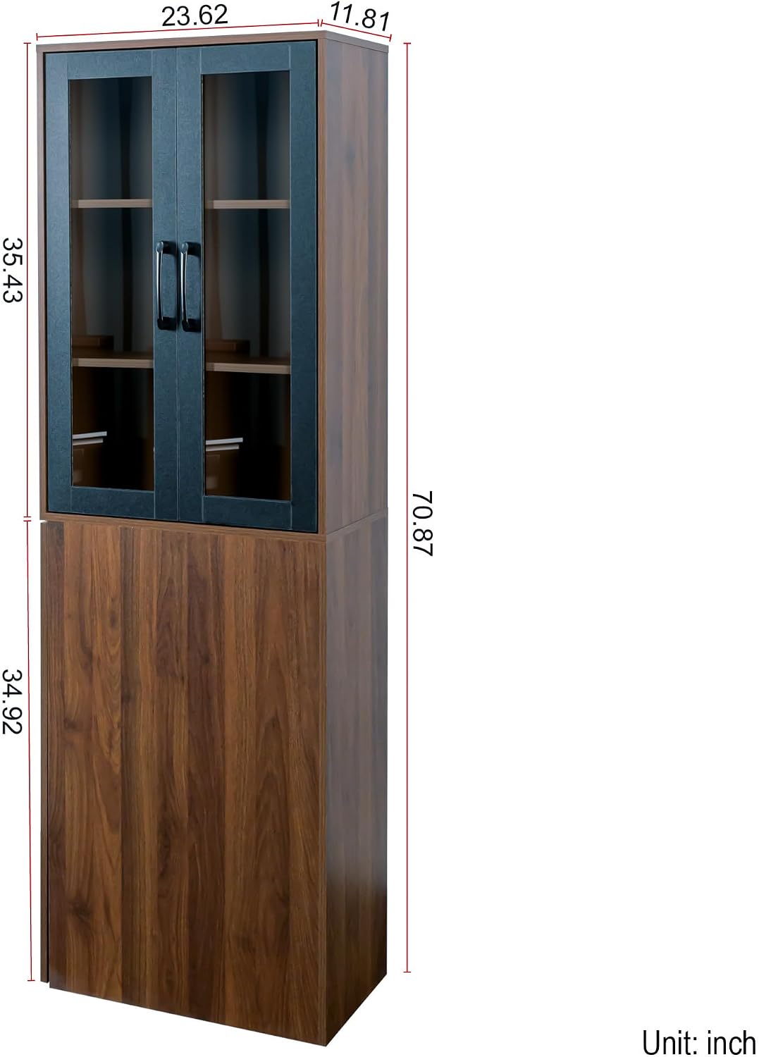 LUMISOL Tall Kitchen Pantry Cabinet with 4 Tier Pull-Out Storage Shelf, Kitchen Hutch Wooden Tall Bookshelf with 2 Glass Doors, Modern Display Storage Cabinet for Living Room Dining Room, Walnut