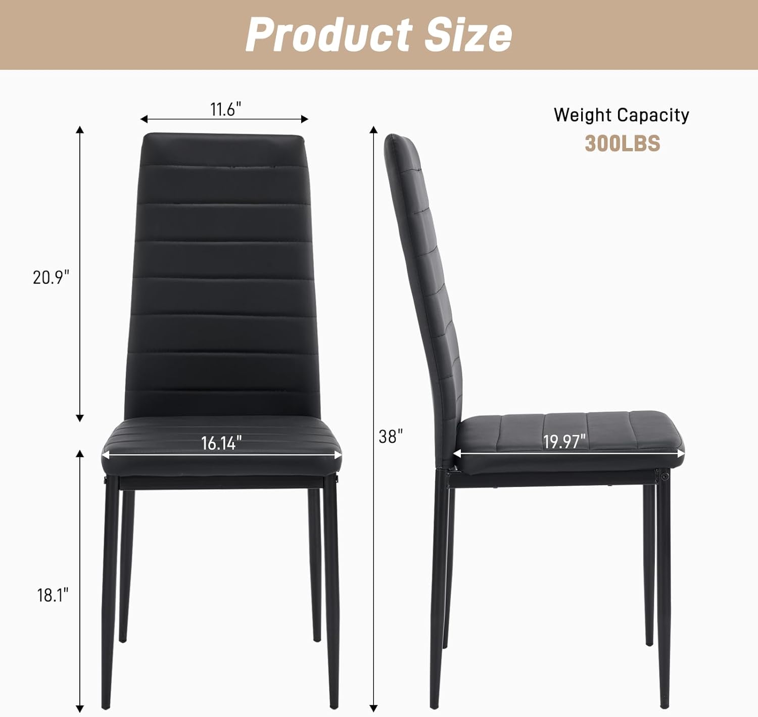 Karl home Dining Chairs Set of 4, PU Leather Balck Kitchen Chairs with Padded High Back & Foot Cap Protection for Dining Kitchen Living Room,300lbs Capacity,Space-Saving