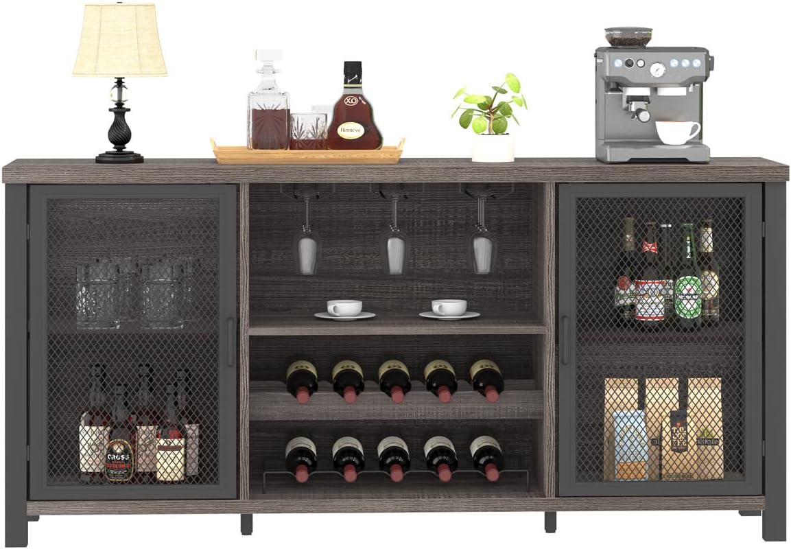 Launica Liquor Bar Cabinet, Industrial Wine Cabinet, Rustic Sideboard Buffet Cabinet for Liquor and Glasses, Coffee Bar Cabinet with Storage Rack for Home Kitchen Dining Room, Dark Grey Oak, 55 in