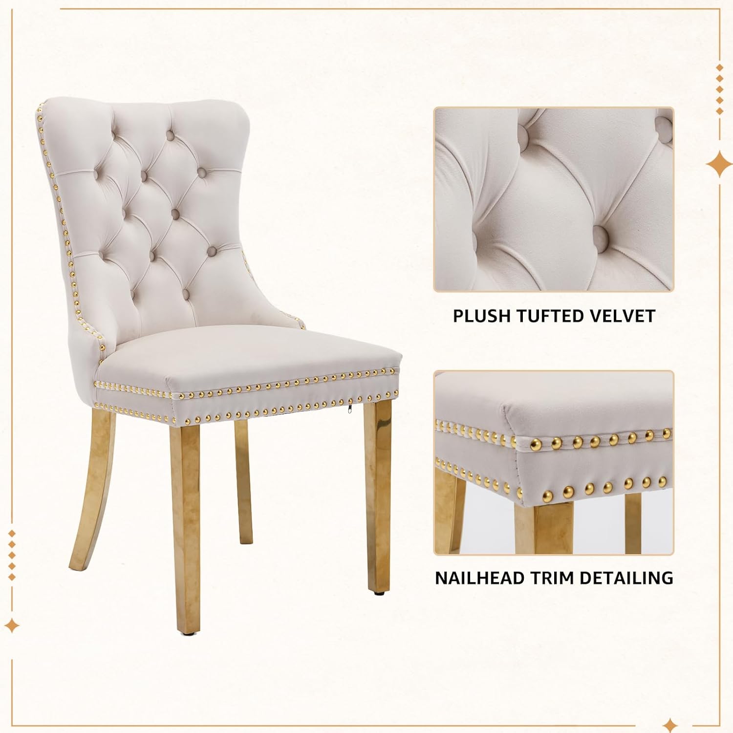 Velvet Dining Chairs Set of 6, Tufted Upholstered High Wingback Chairs with Nailhead Trim & Pull Ring, Golden Stainless Steel Legs for Dining Room, Sillas de Comedor, Beige