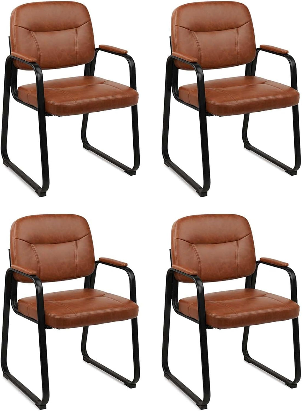 CLATINA Reception Chair Set of 4, Leather Guest Chair with Padded Arms and Sled Base, Waiting Room Chair No Wheels, Computer Desk Chair for Office, Home, Break Conference Meeting Room, School, Brown