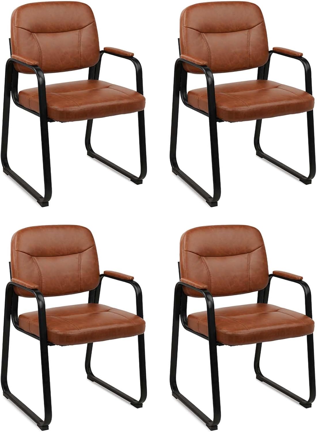 CLATINA Reception Chair Set of 4, Leather Guest Chair with Padded Arms and Sled Base, Waiting Room Chair No Wheels, Computer Desk Chair for Office, Home, Break Conference Meeting Room, School, Brown