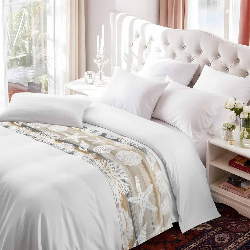 Beige Grey Coastal Bed Runner Scarf Cal King Size, Nautical Beach Starfish Coral Shell Modern Luxury Bed Throw Runners & Scarves for Twin Full Queen King Foot of Beds, Bedroom Decoration, 102"x20"