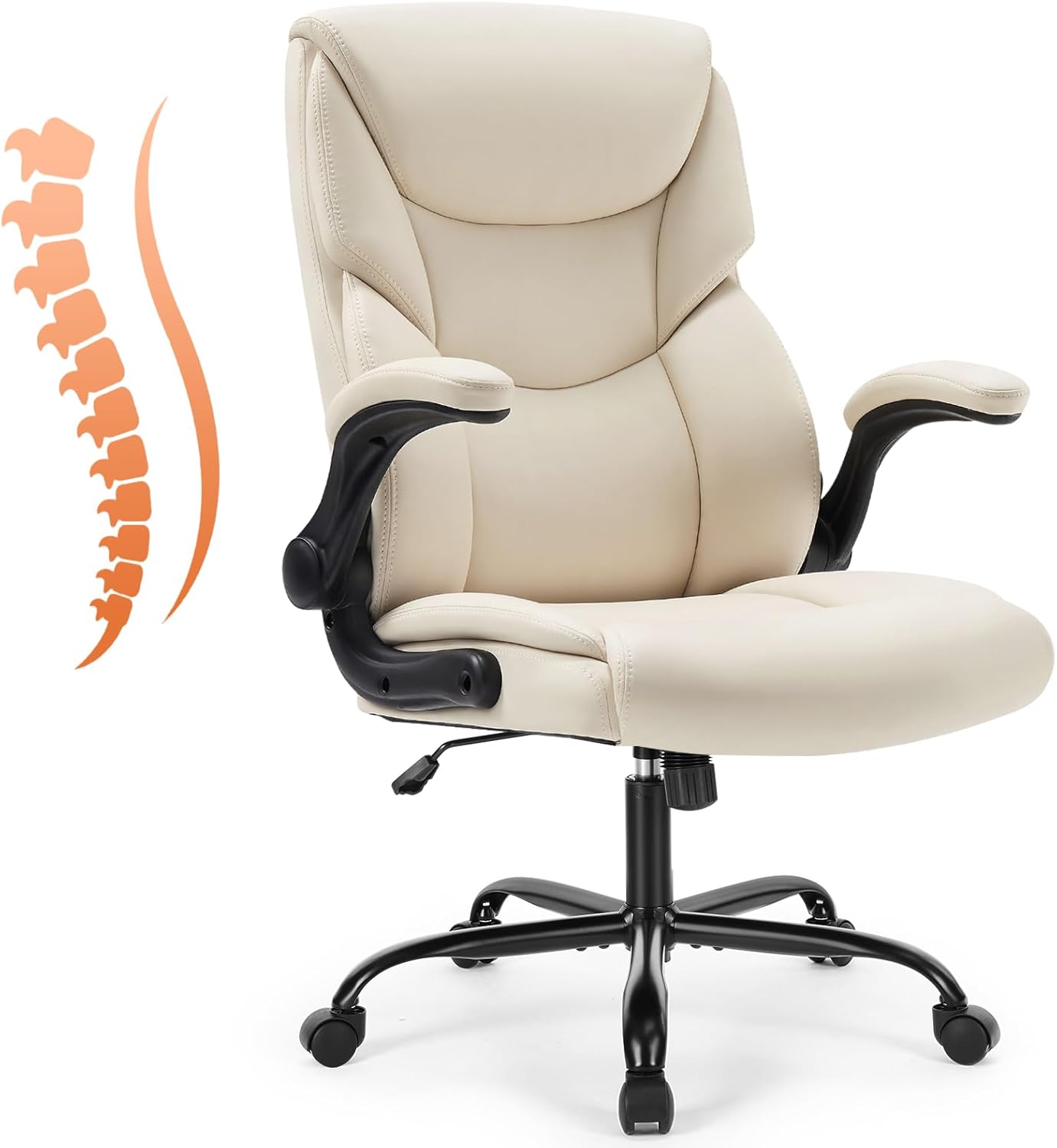 Sweetcrispy Ergonomic Office Chair - Heavy Duty Task Desk Chair with Flip-up Armrest, PU Leather, Height Adjustable & Swivel Rolling Chair with Wheels, Beige