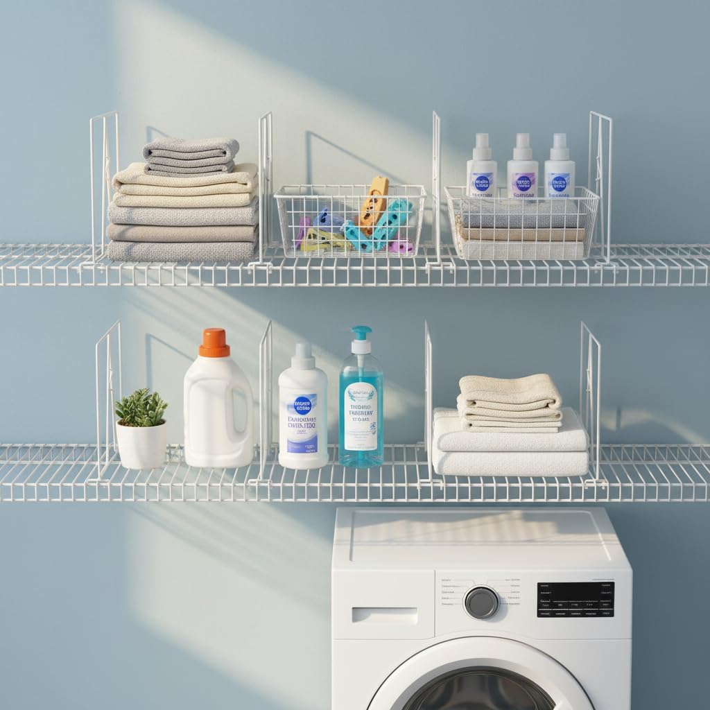 Wire Shelf Dividers - White Closet Organization & Storage Organizer - No Tool Shelf Divider for Wire Shelves - Metal Shelf Accessories – for 12“ Deep Wire Shelves – Tall 12” Height – 8 Pack