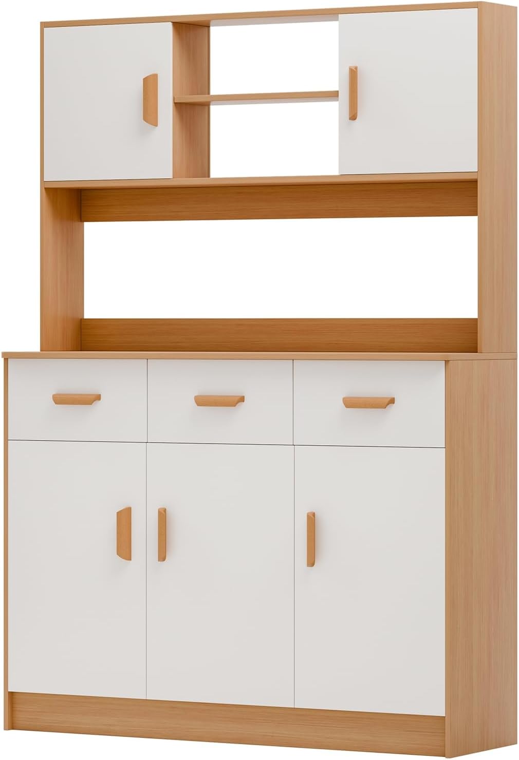Kitchen Pantry Cabinet with Microwave Stand, Freestanding Cabinet Buffet Cupboard with Drawers, Doors and Open Shelves ﻿ Wooden Color
