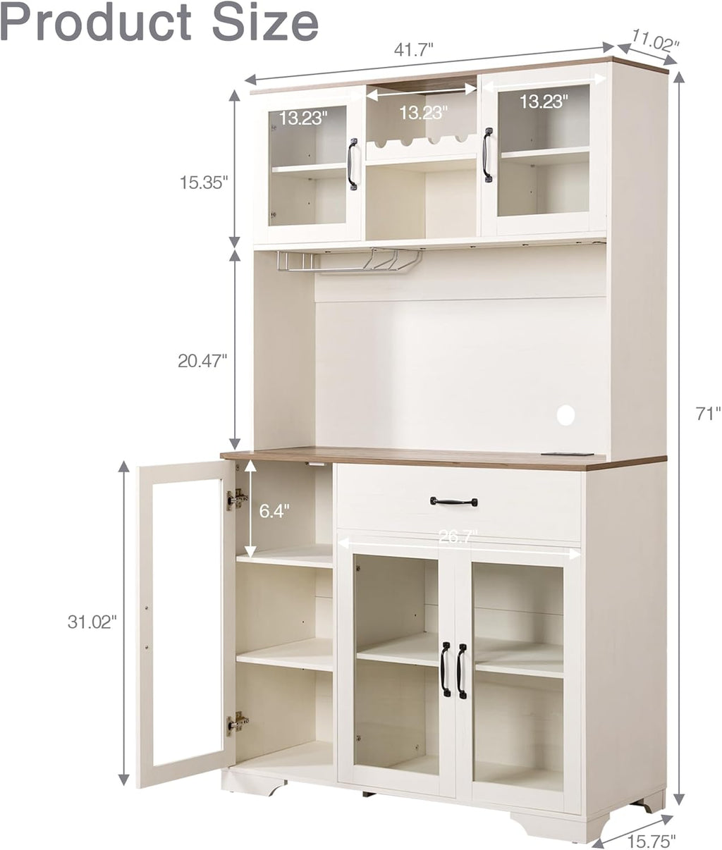 Fatmok 71" Tall Pantry Cabinet with Glass Doors, Kitchen Hutch Storage Cabinet, Coffee Bar & Liquor Cabinet with Charging Station & LED Lights, Wine Rack, Adjustable Shelves & Large Drawer, White