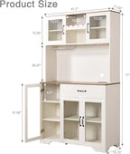 Fatmok 71" Tall Pantry Cabinet with Glass Doors, Kitchen Hutch Storage Cabinet, Coffee Bar & Liquor Cabinet with Charging Station & LED Lights, Wine Rack, Adjustable Shelves & Large Drawer, White