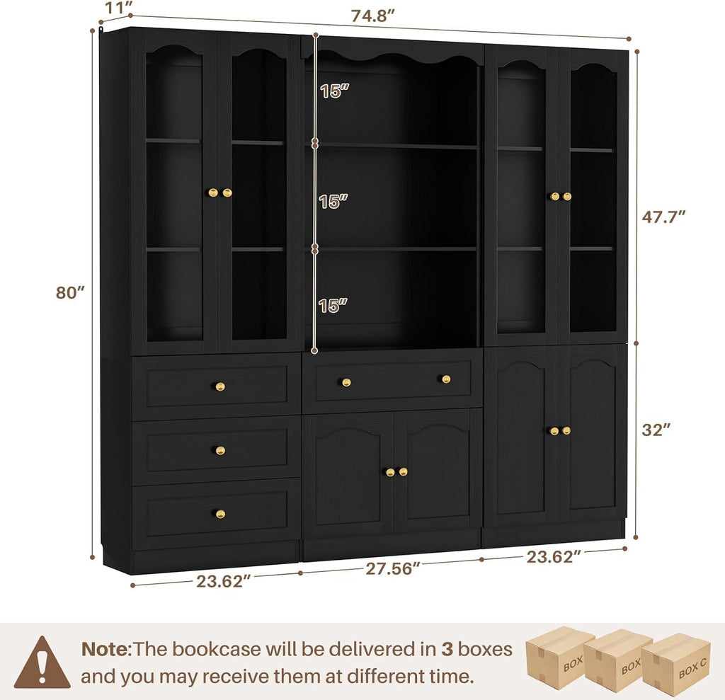 Cyclysio 3-Set Pantry Cabinets, 80" Tall Kitchen Pantry Storage Cabinets with Glass Doors, Drawers and Open Shelves, Black Kitchen Pantry Cabinet Set with Adjustable Shelves, Baseboard Cut Out