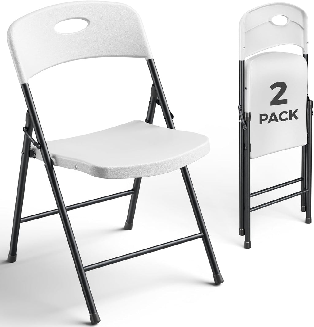 2 Pack White Folding Chair, Plastic Portable Stackable Commercial Seats with Steel Frame 350lb, Heavy Duty Foldable Chair for Indoor and Outdoor, Patio, Office, Picnic, Kitchen, Events