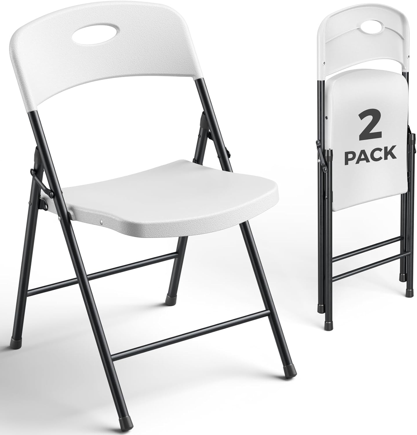 2 Pack White Folding Chair, Plastic Portable Stackable Commercial Seats with Steel Frame 350lb, Heavy Duty Foldable Chair for Indoor and Outdoor, Patio, Office, Picnic, Kitchen, Events
