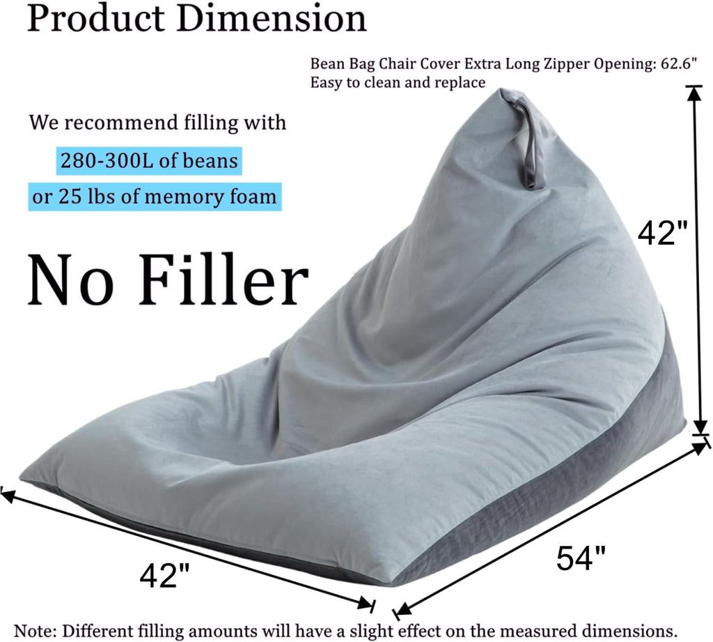 4ft Bean Bag Chair Cover with Bean Bag Inner Liner Cover (No Filler), 400L Extra Large Triangular Removable and Clean Beanbag Chair Cover Ultra Soft Lazy Sofa Premium Velvet Cover (Grey)