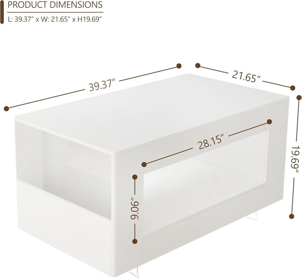Coffee Table with Storage, 39" High Gloss Small Center Table with Transparent Legs and Sides Storage, Modern 2-Tier Coffee Tables for Living Room, Home Office, Apartment, White