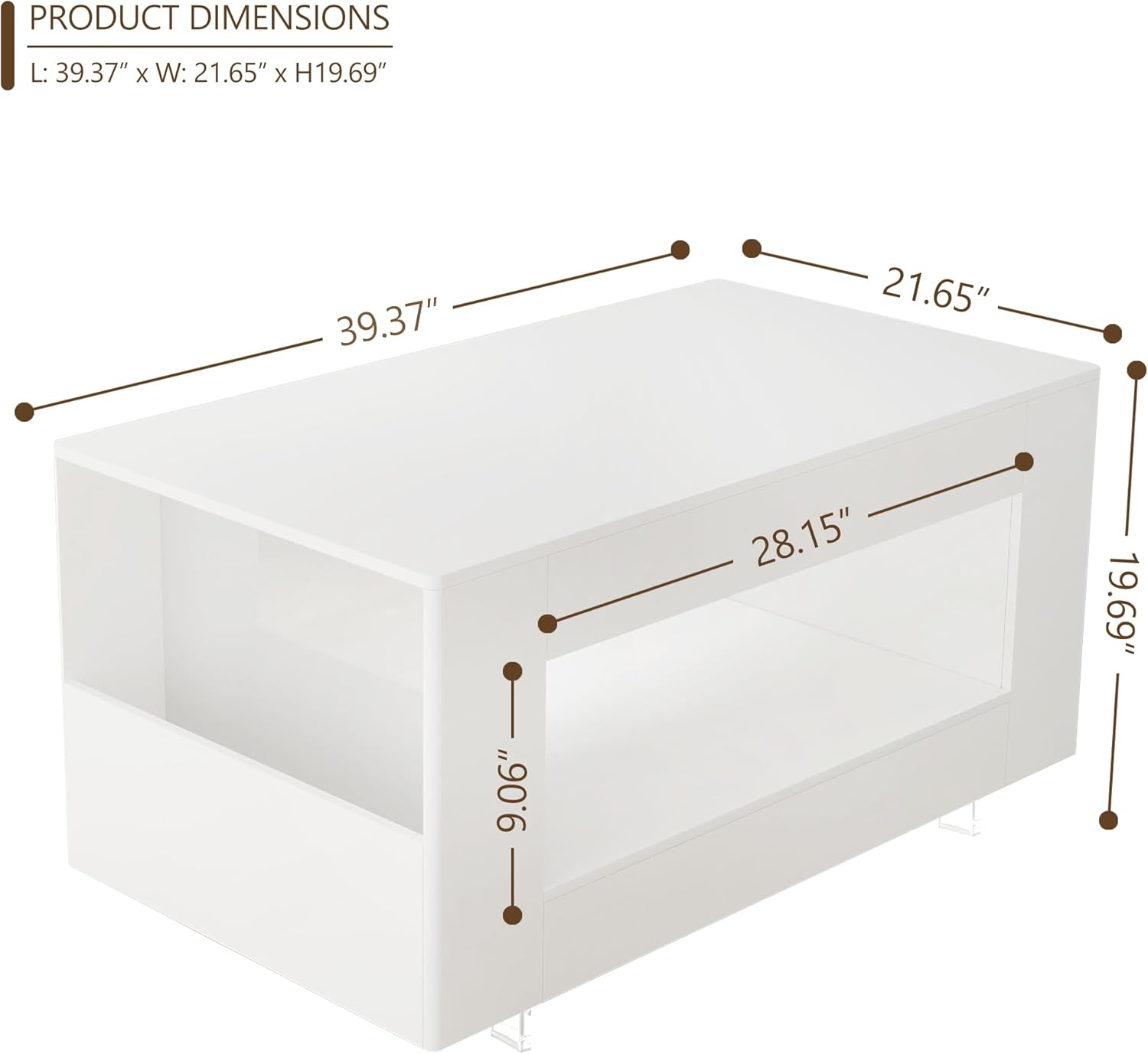 Coffee Table with Storage, 39" High Gloss Small Center Table with Transparent Legs and Sides Storage, Modern 2-Tier Coffee Tables for Living Room, Home Office, Apartment, White