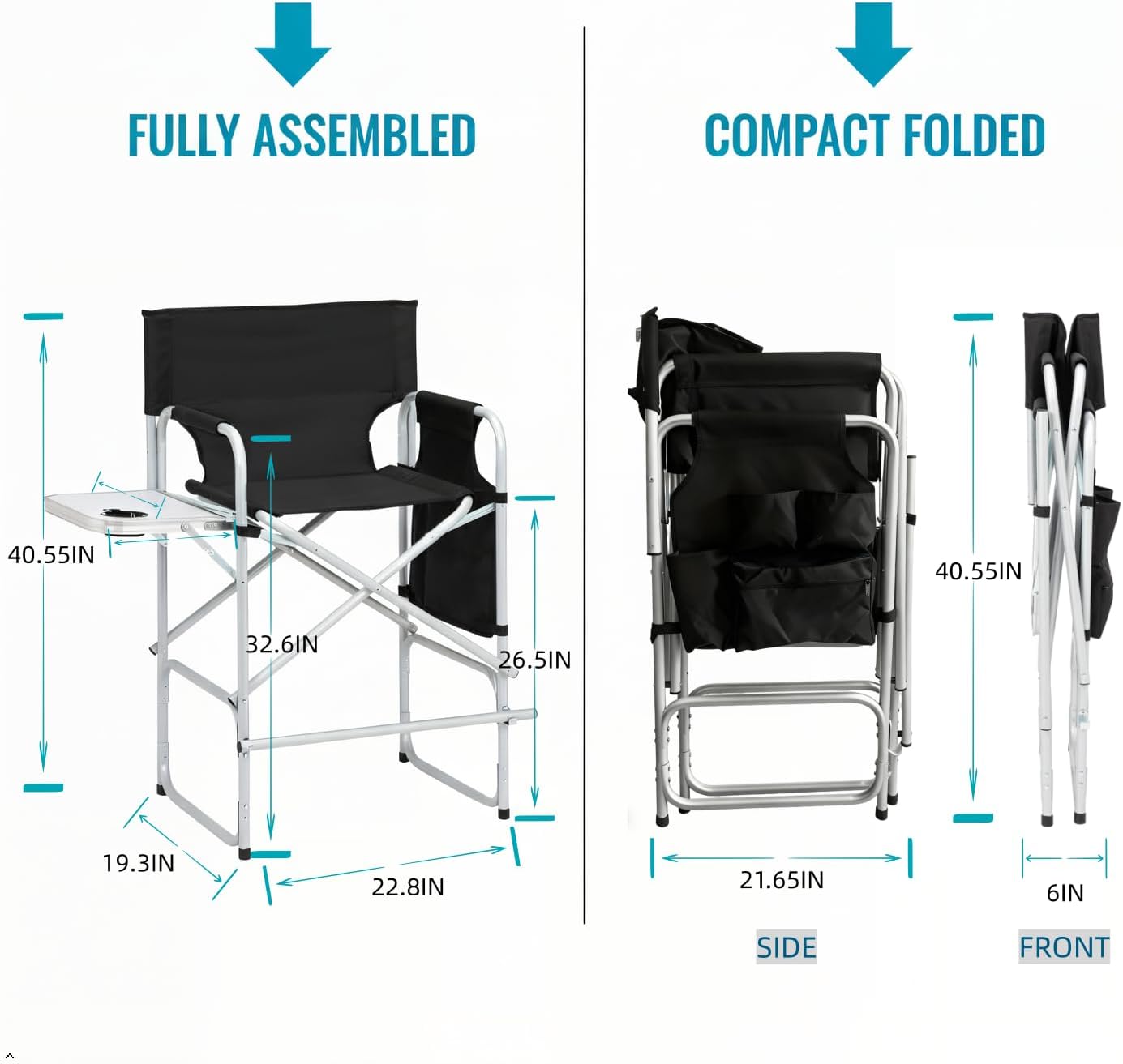 26.5" High Folding Directors Chair with Footrest, Side Table & Cup Holders - Portable for Camping, Fishing, Makeup Studios, and Indoor/Outdoor Use (Black)