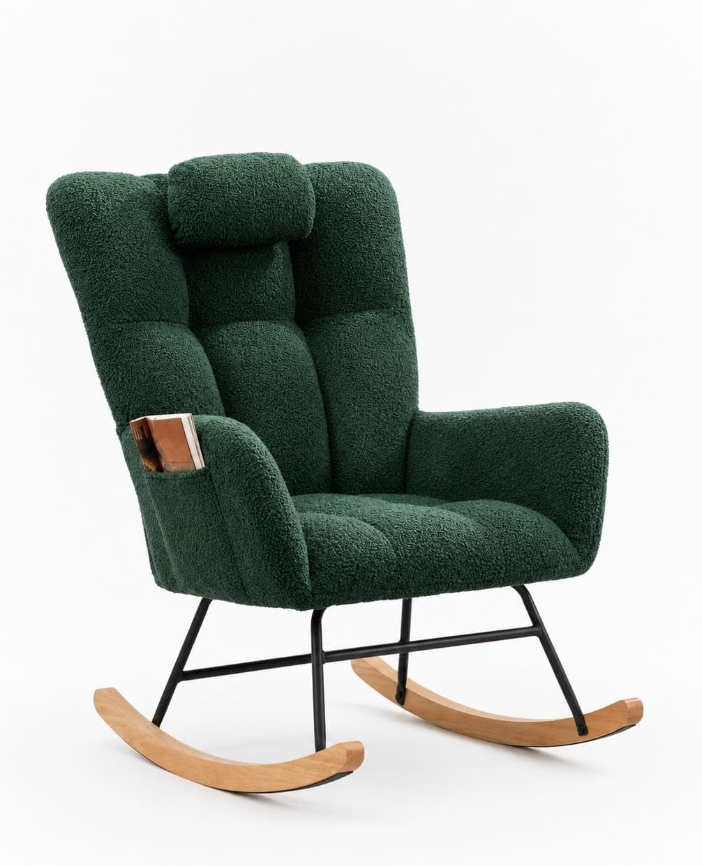 High Back Upholstered Rocking Chair – Nursery Glider with Pillow – Comfortable Accent Armchair for Living Room, Bedroom, or Reading – Soft Fleece | Dark Green