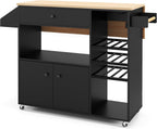 TANGZON Kitchen Island on Wheels, Rolling Kitchen Storage Trolley with Drop Leaf Worktop, Drawer, Wine Rack, Glass Holder, Open & Adjustable Shelf, Utility Bar Serving Cart Sideboard (Black)