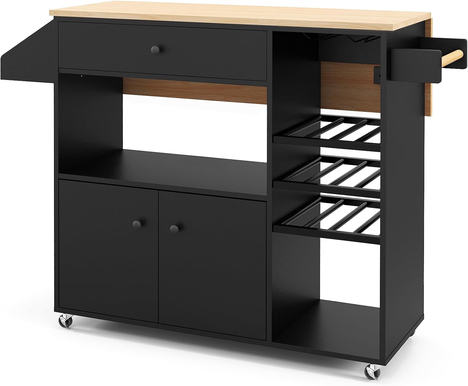 TANGZON Kitchen Island on Wheels, Rolling Kitchen Storage Trolley with Drop Leaf Worktop, Drawer, Wine Rack, Glass Holder, Open & Adjustable Shelf, Utility Bar Serving Cart Sideboard (Black)