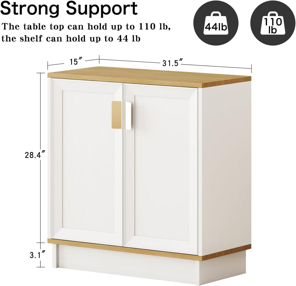 PROXRACER 32" Sideboard Buffet Cabinet with Storage, Adjustable Shelves & Shaker Doors, Rustic Storage Cabinet with Gold Handles for Kitchen, Dining Room, White