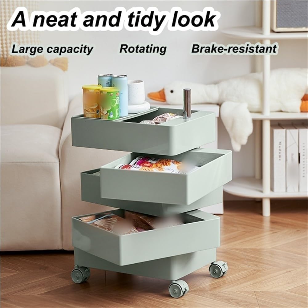 Utility Cart 360° Rotating Bedside Table Side Tables with Storage Drawer and Wheels Movable End Tables for Living Room Lightweight(Green)