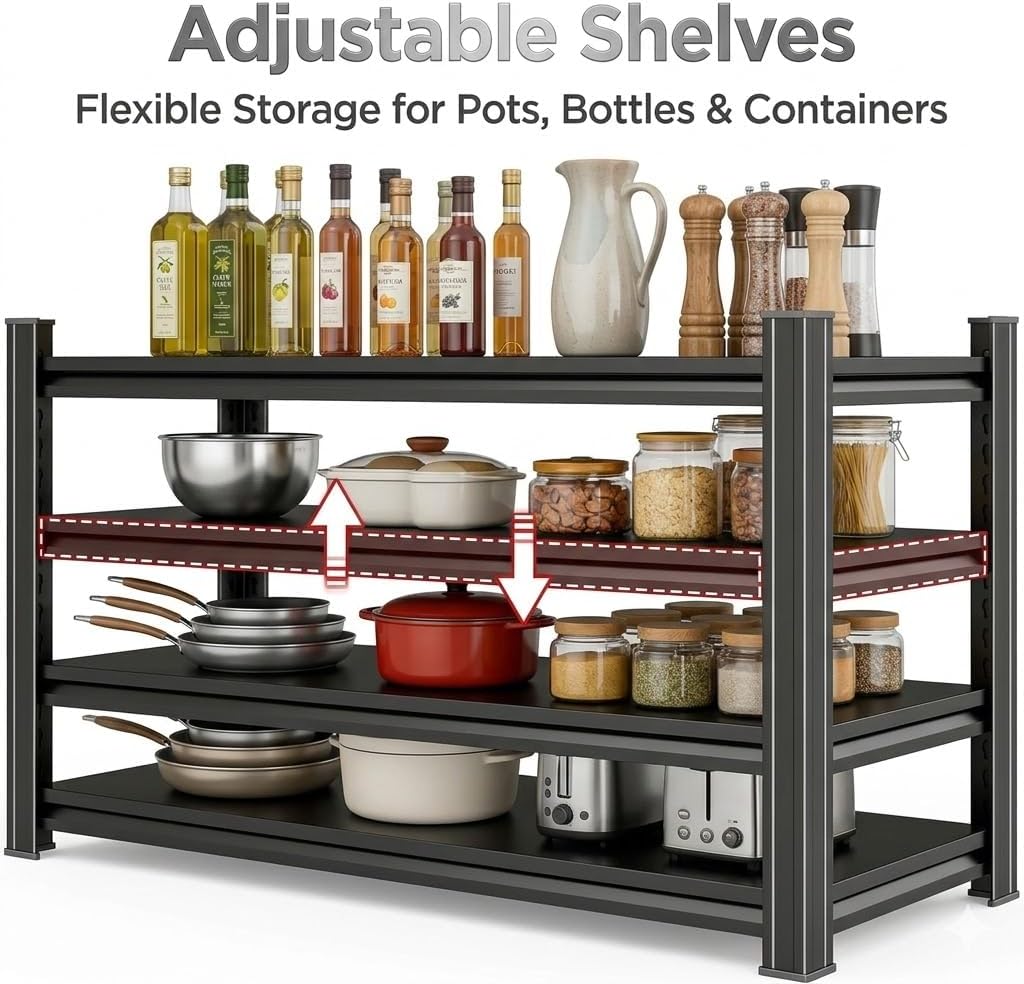 Kitchen Pantry Storage Shelves, 5-Tier Heavy Duty Metal Shelving Unit, Black Adjustable Deep Shelf Organizer for Pots, Pans, Food, and Pantry Items (5-45" W X 16" D X 71" H)