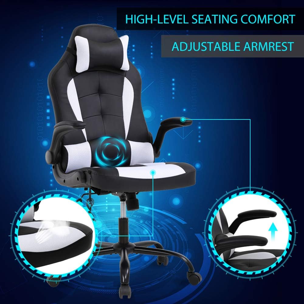 Ergonomic Gaming Office Chair - High Back Executive Computer Chair with Lumbar Support & Flip-Up Arms, PU Leather Adjustable Swivel Chair for Women/Men, Height Adjustable Massage Desk Chair (White)
