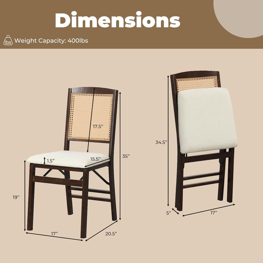 HAPPYGRILL Folding Dining Chairs Set of 2, Wood Kitchen Chair with Rattan Backrest & Padded Seat, Foldable Armless Side Chairs Set for Dining Room, Living Room, No Assembly (2, Espresso & Beige)