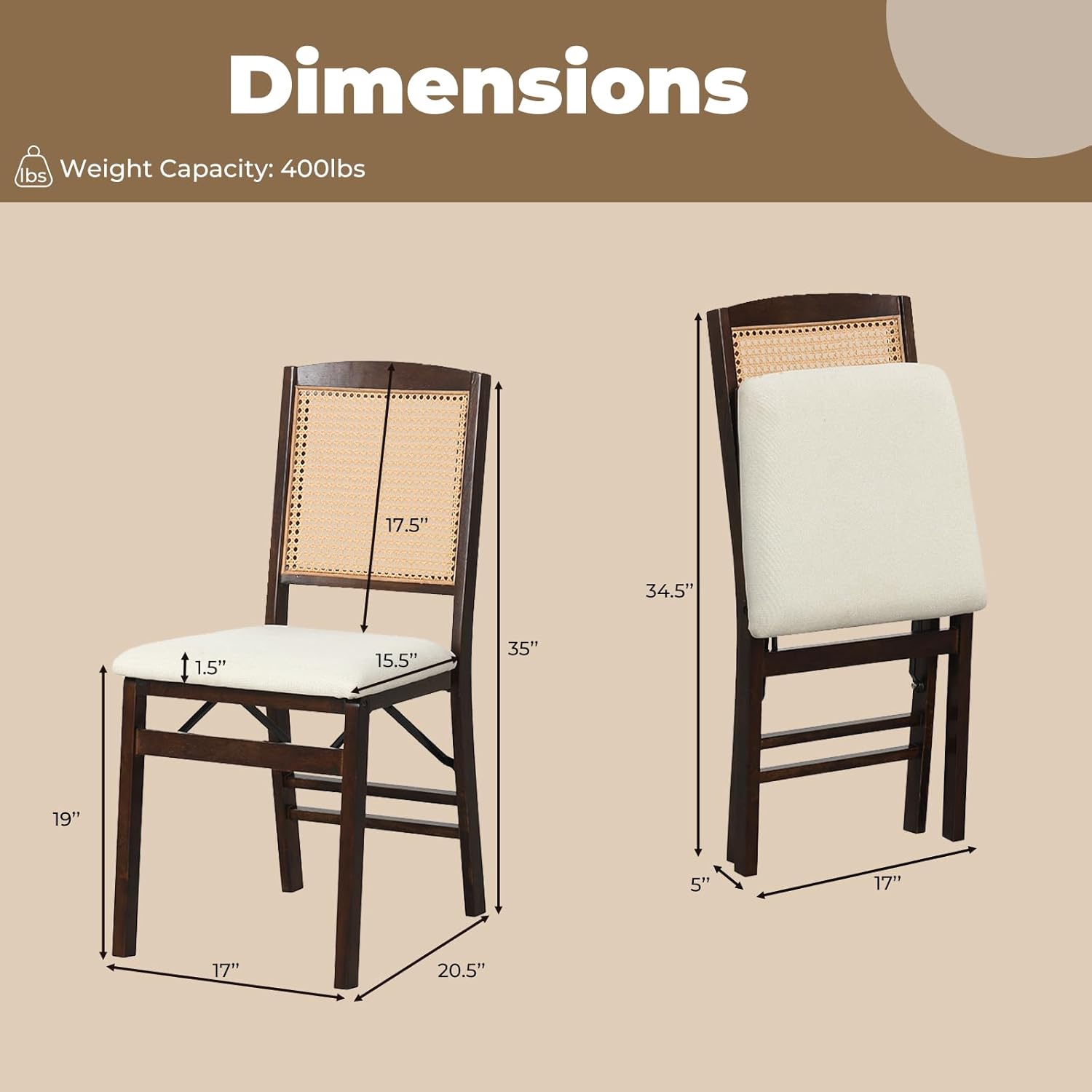 HAPPYGRILL Folding Dining Chairs Set of 2, Wood Kitchen Chair with Rattan Backrest & Padded Seat, Foldable Armless Side Chairs Set for Dining Room, Living Room, No Assembly (2, Espresso & Beige)