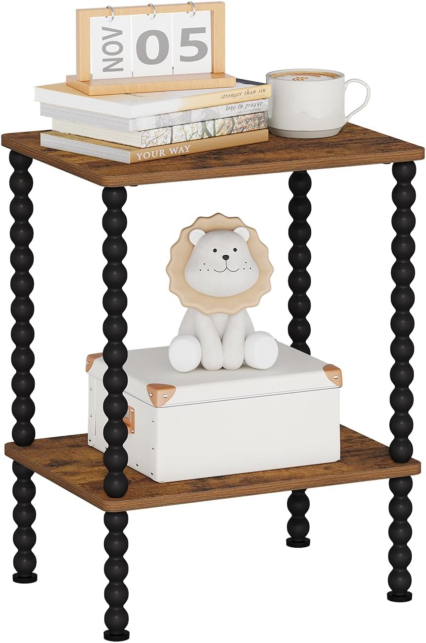 YINMIT End Table,2-Tier Small Side Table with Open Storage Shelf | Night Stand,Metal Spindle Legs,Round Curve Corner,Living Room,Bedroom,Office,Small Spaces