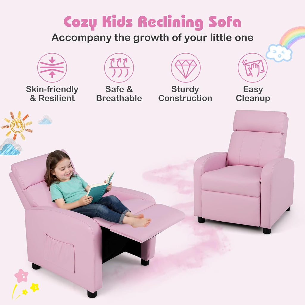 Costzon Kids Recliner, Adjustable PU Leather Lounge Chair w/Side Pockets, Footrest, Headrest for Kids Room&Play Room, Easy to Clean, Padded Pink Recliner Sofa for Children Boys Girls Aged 3-12 (Pink)