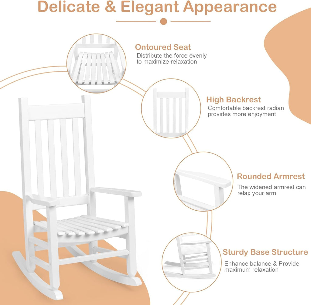 Outvita Wood Children's Rocking Chair, Perfect for Indoor or Outdoor All-Weather Wooden Porch Rocker for Garden, Yard, and Balcony, Patio Rocking Chair Suitable for Kids Ages 6-10(White)