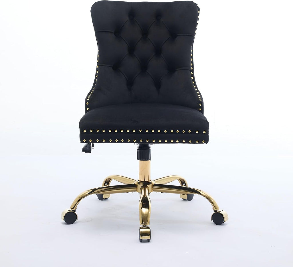 Modern Velvet Office Chair with Tufted Button Design, Adjustable Swivel Desk Chair with Golden Metal Base for Home and Office,Black