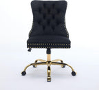Modern Velvet Office Chair with Tufted Button Design, Adjustable Swivel Desk Chair with Golden Metal Base for Home and Office,Black