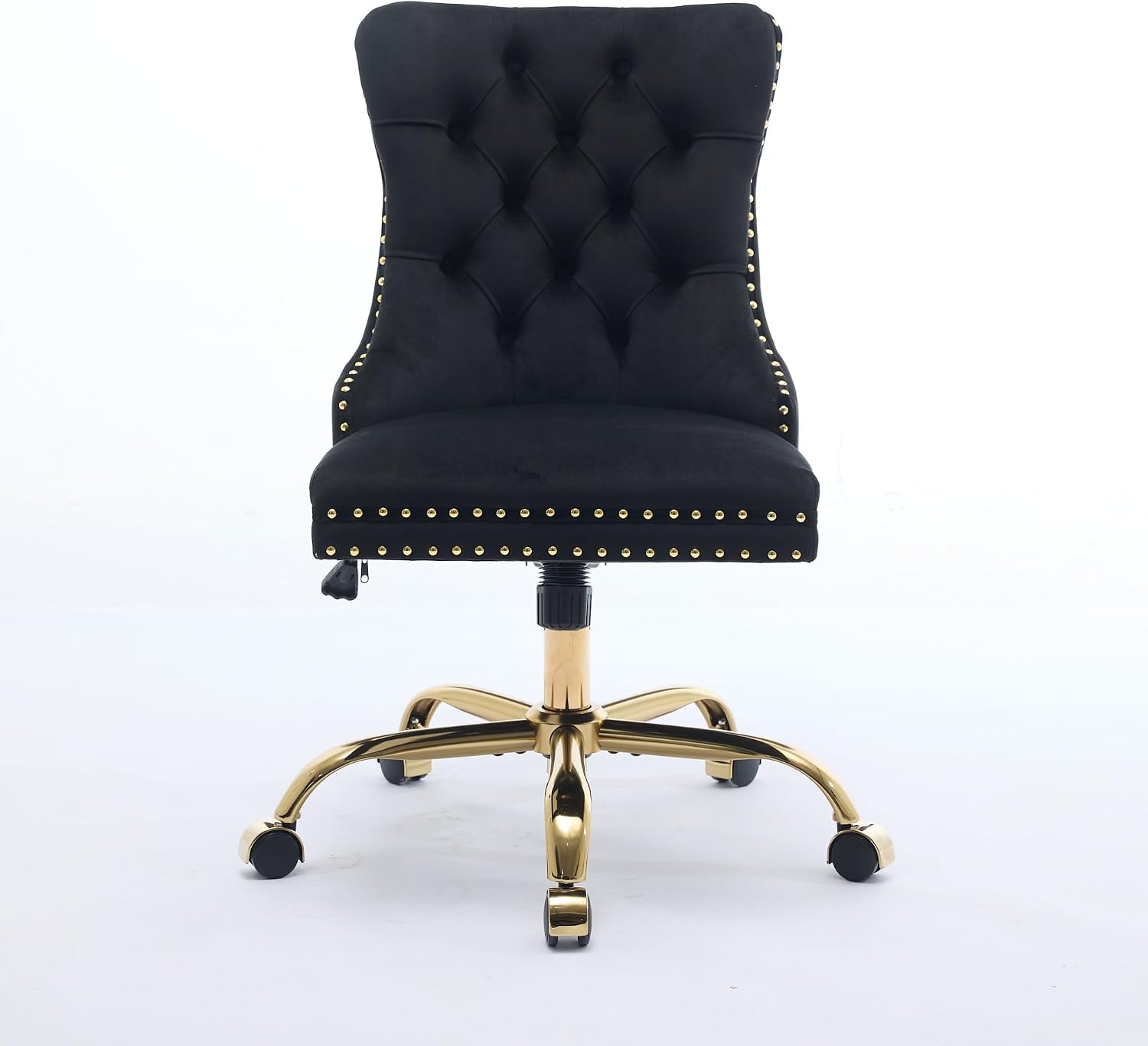Modern Velvet Office Chair with Tufted Button Design, Adjustable Swivel Desk Chair with Golden Metal Base for Home and Office,Black