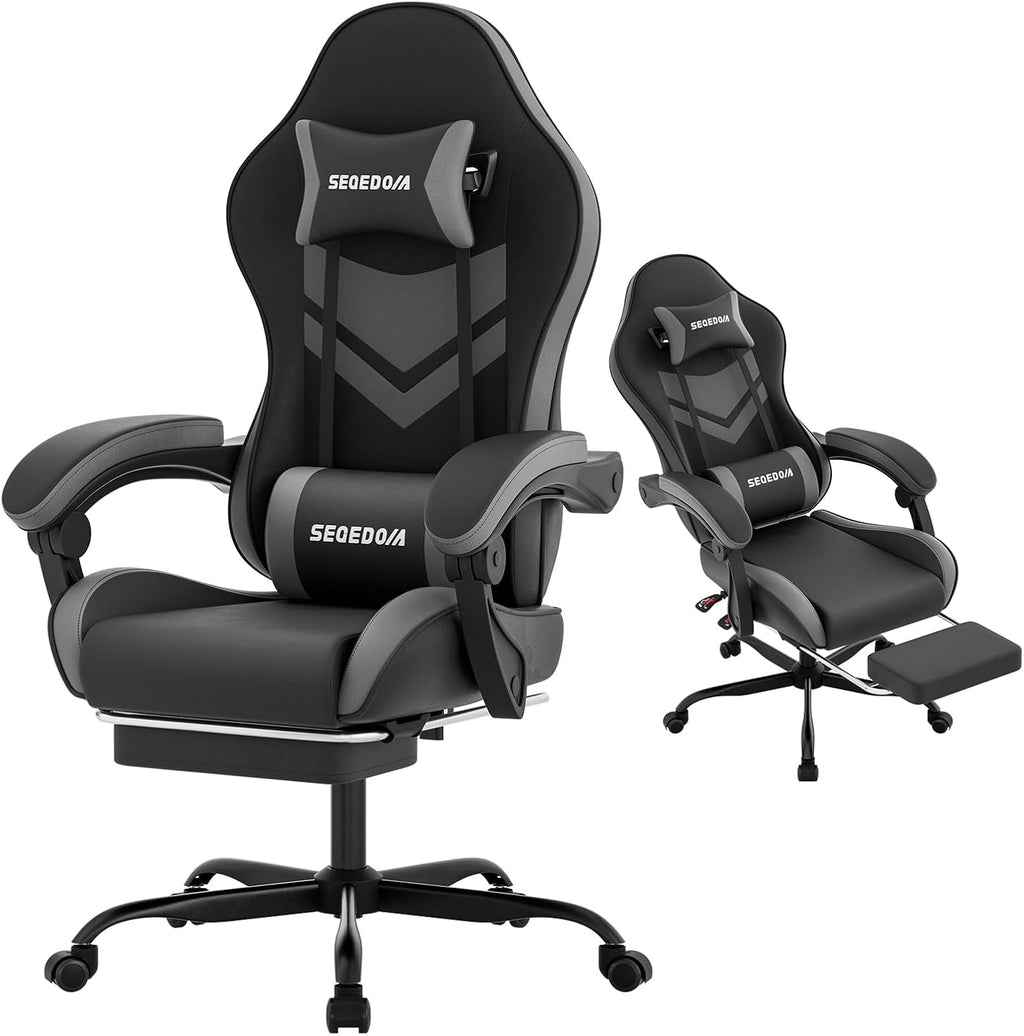 Gaming Chair with Footrest & Lumbar Support, PU Leather High Back Ergonomic Height Adjustable Swivel Office Desk Chair for Adults Gaming, Working, Black Grey
