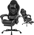Gaming Chair with Footrest & Lumbar Support, PU Leather High Back Ergonomic Height Adjustable Swivel Office Desk Chair for Adults Gaming, Working, Black Grey
