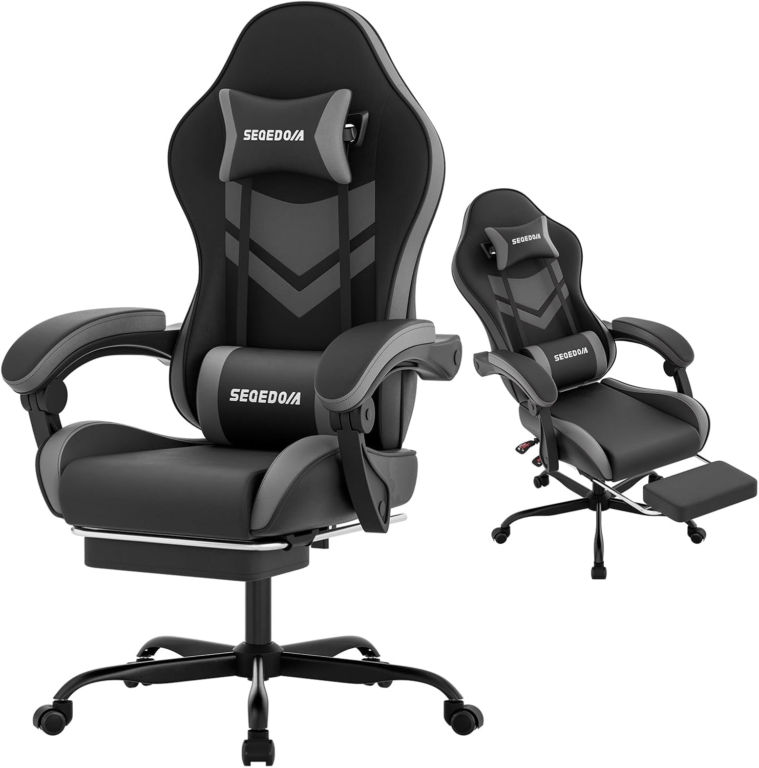 Gaming Chair with Footrest & Lumbar Support, PU Leather High Back Ergonomic Height Adjustable Swivel Office Desk Chair for Adults Gaming, Working, Black Grey