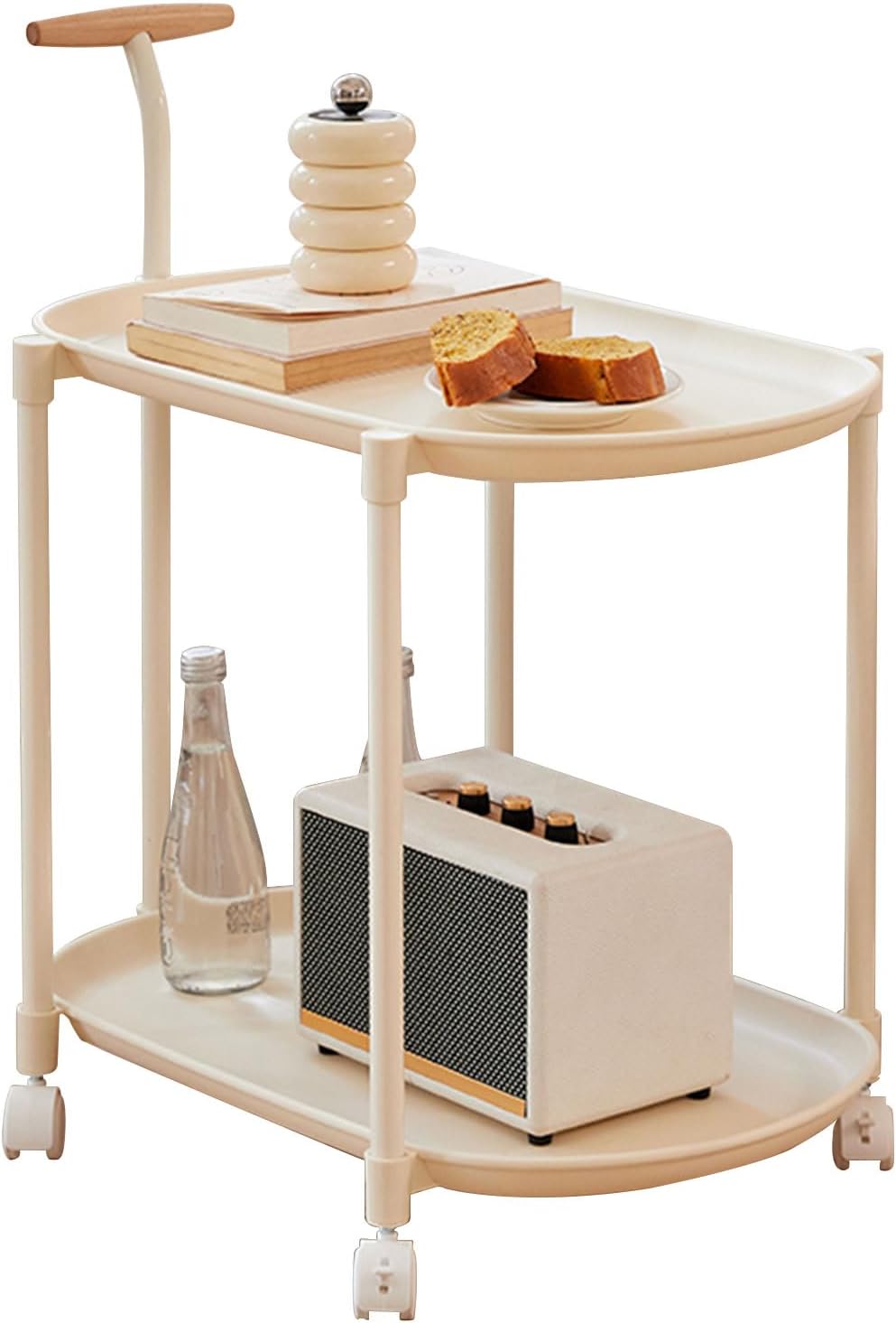Mobile End Table, 2 Tier Side Cabinet with Handle Storage Rack and 4 Wheels, Utility Cart Living Room Small Sofa Table Mobile Plastic Side Table Little Night Stand Bedroom Balcony, White
